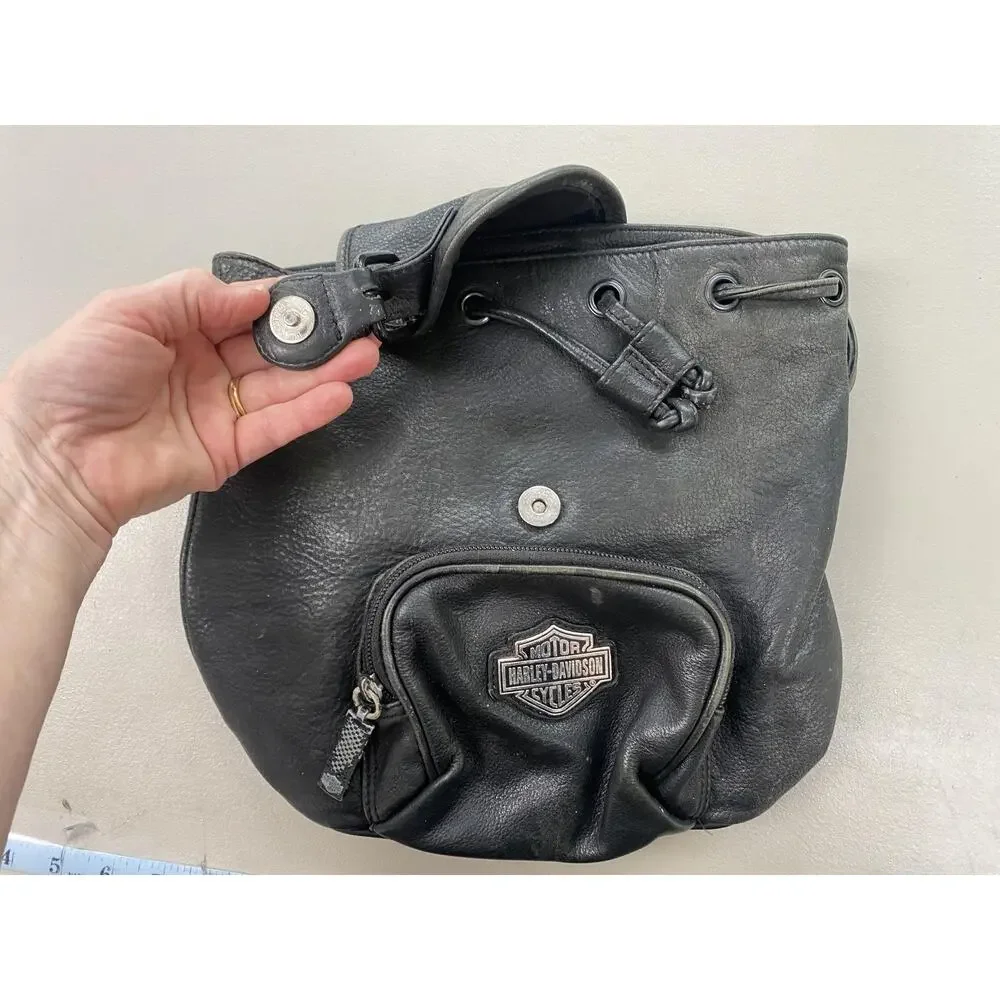Harley-Davidson Leather Backpack Purse Small Black Logo Biker Vintage Y2K Moto‎